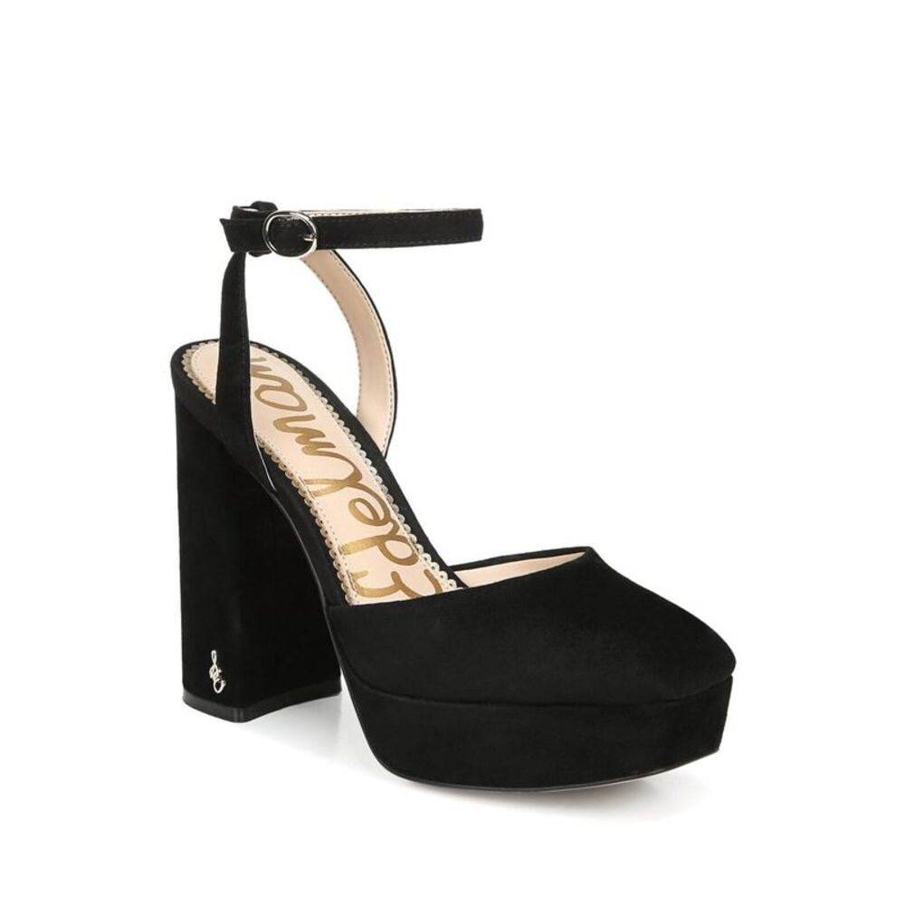 NWT SAM EDELMAN Womens Black Logo Olwyn Square Toe Block Heel Leather Pumps 8 M